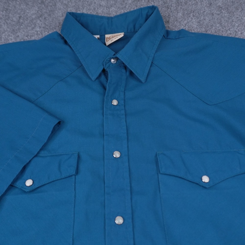Western Frontier Pearl Snap Shirt Men XL Blue Short Sleeve Solid Yoke WLM 6232